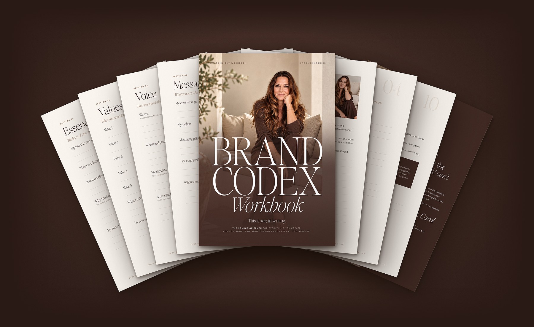 The Brand Codex workbook, fanned open to show its inner pages